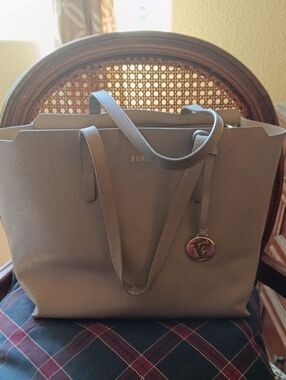 Furla Taupe Gray Leather Tote with Logo Charm